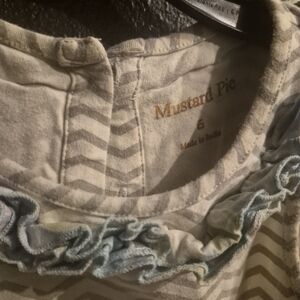 Mustard Pie Girls Ruffle Neck Dress - Cream & Gray with Light Blue Trim